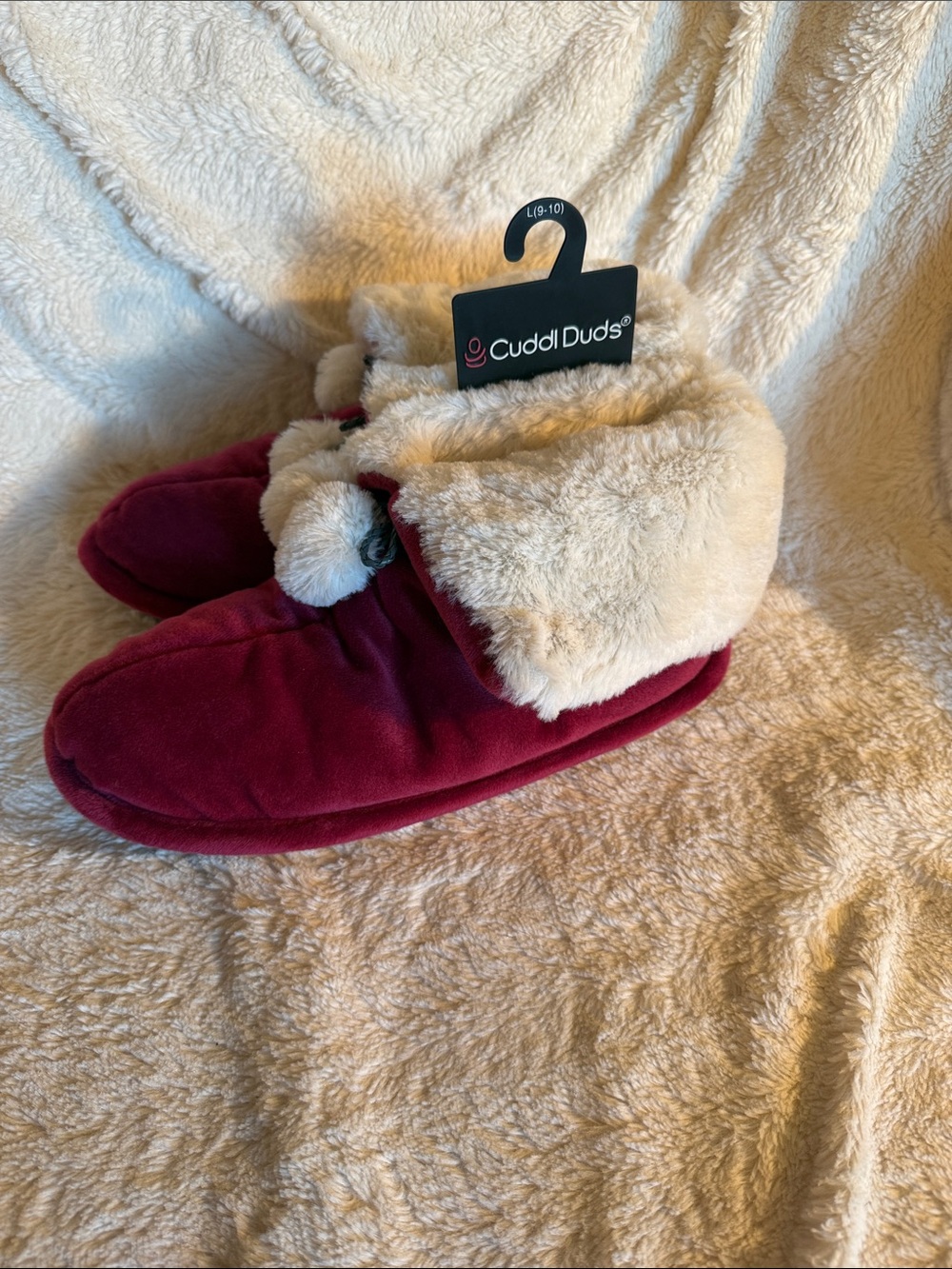 Cuddl Duds Kids Burgundy Slippers with Cream Faux-Fur Cuff